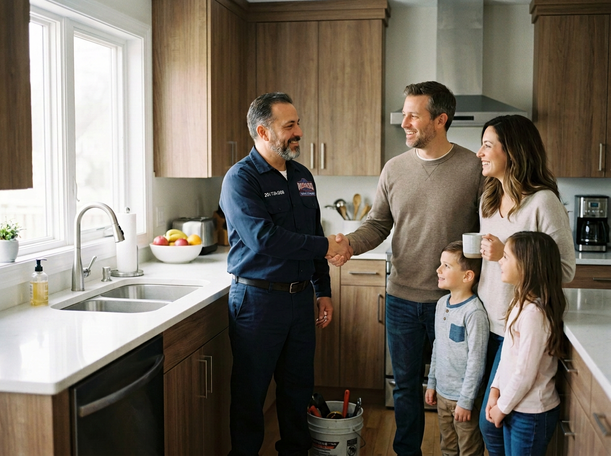 Happy Bergen County family shaking hands with a Rosado Plumbing technician in their kitchen