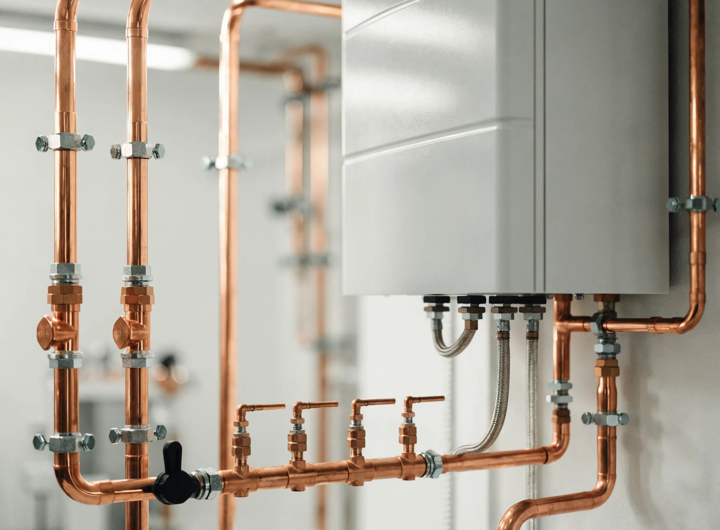 A modern high-efficiency residential boiler with copper piping