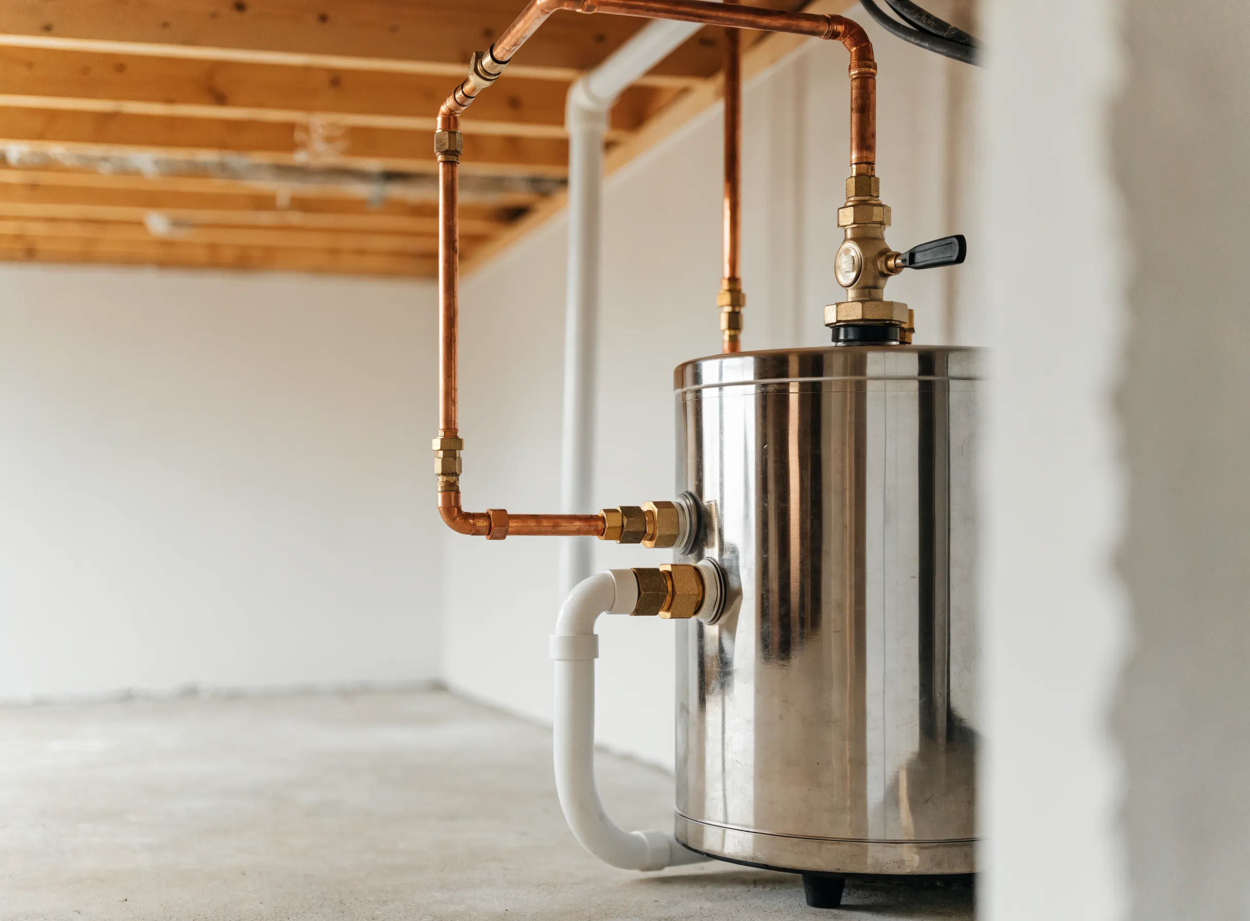 A newly installed residential water heater with copper connections
